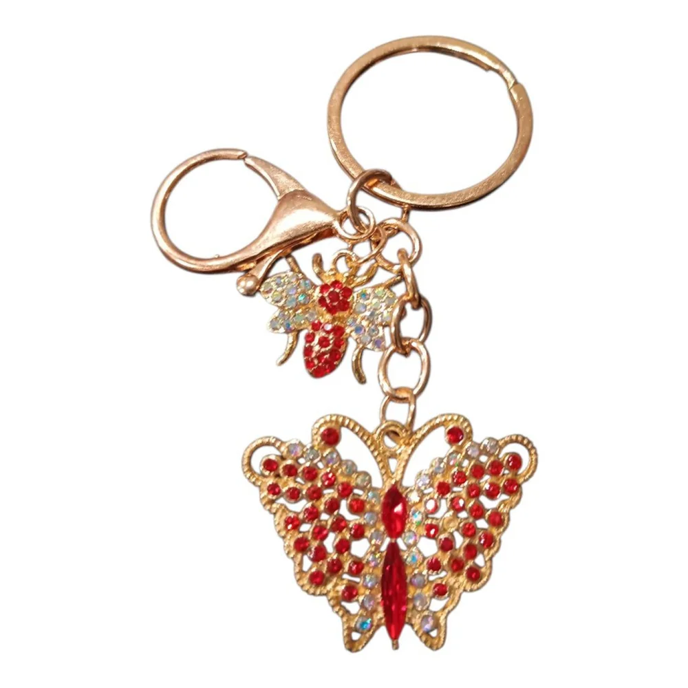Beautiful Ruby Rhinestone Butterfly Bumblebee Gold Tone Keychain Purse Charm